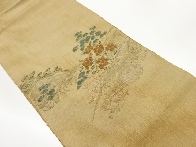 手織り紬抽象庭園風景模様織出し名古屋帯